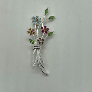 Silver Tone & Multi Color Rhinestone Floral Bouquet Brooch Pin